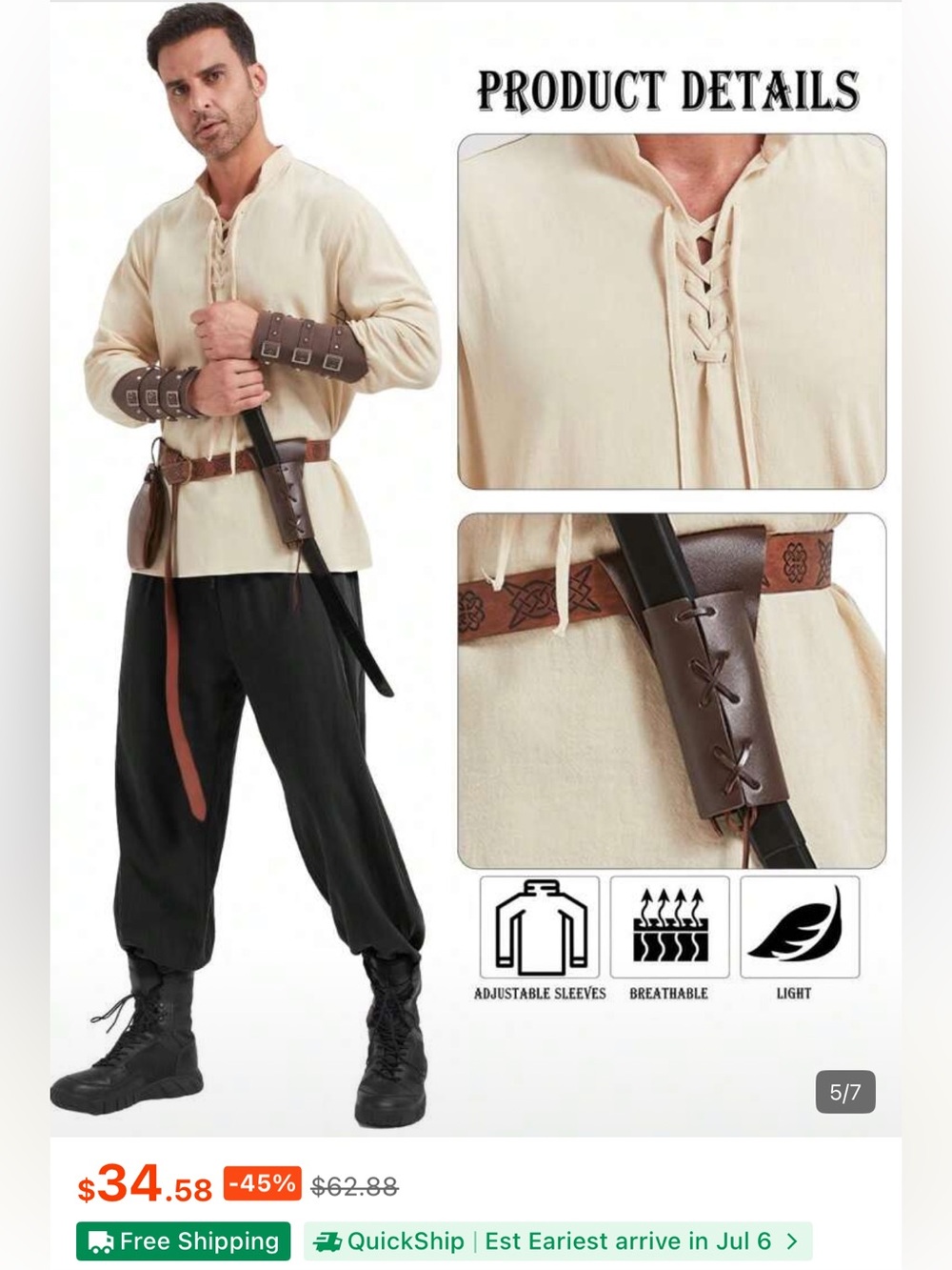Men's Pirate Renaissance Shirt and Black Trousers Costume Set Cosplay - Picture 3 of 5